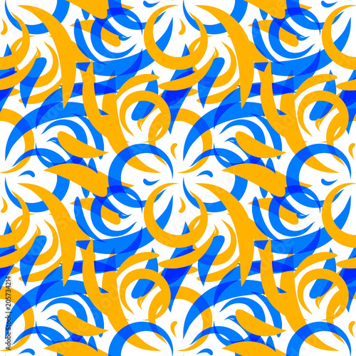 Fototapeta Naklejka Na Ścianę i Meble -  Vector pattern of mustard and blue doodles and curls in floral o