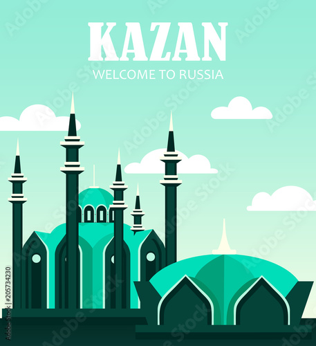 Russia. postcard, banner.welcome to Russia. flat illustration with  city