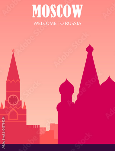 Russia. postcard, banner.welcome to Russia. flat illustration with city