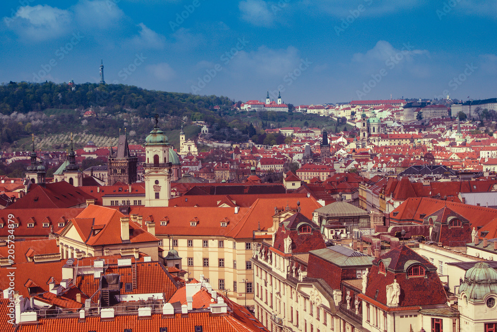 Panoramic view of Prague roofs and domes. Czech Republic. Europe.
