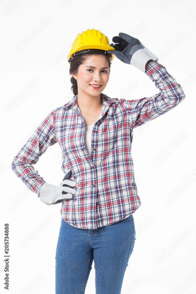 Industrial worker woman . Isolated over white background Industrial worker woman . Isolated over white background