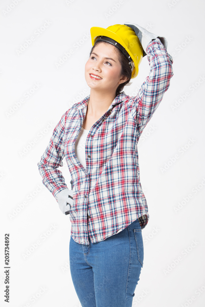 Industrial worker woman . Isolated over white background