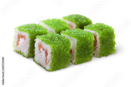 One set of California rolls covered green tobiko or masago caviar isolated on a white background photo