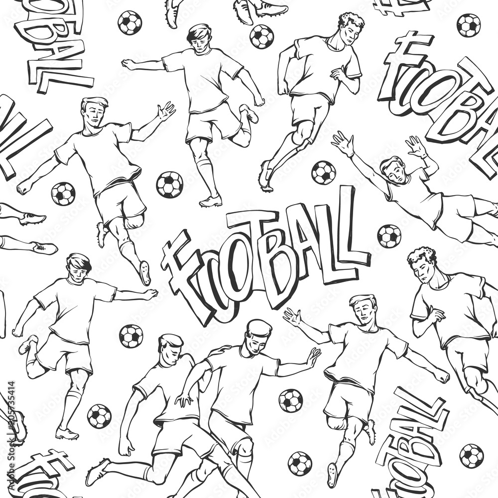 Vector football player with ball sketch seamless pattern. Soccers motion and goalkeeper sports uniform different poses and race. Black and white outline illustration and inscription painted letters