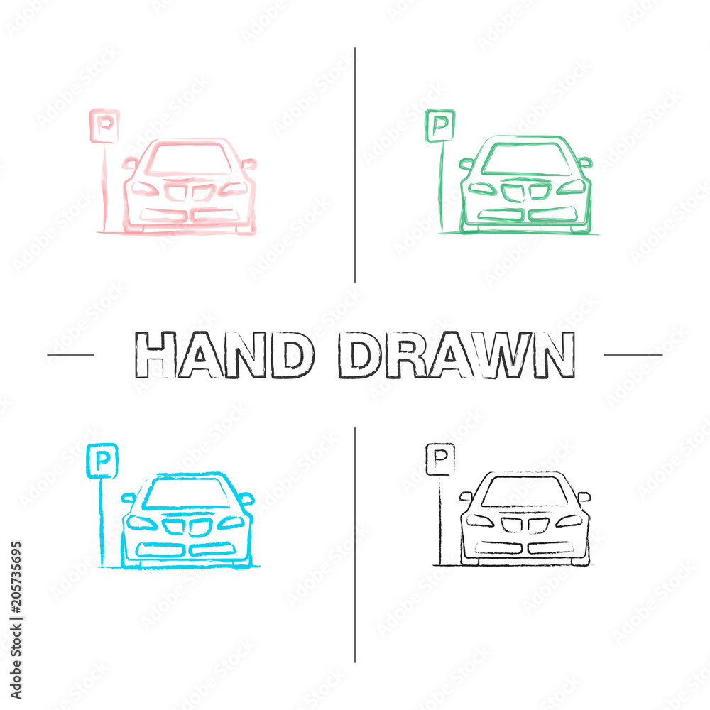 Parking zone hand drawn icons set Parking zone hand drawn icons set