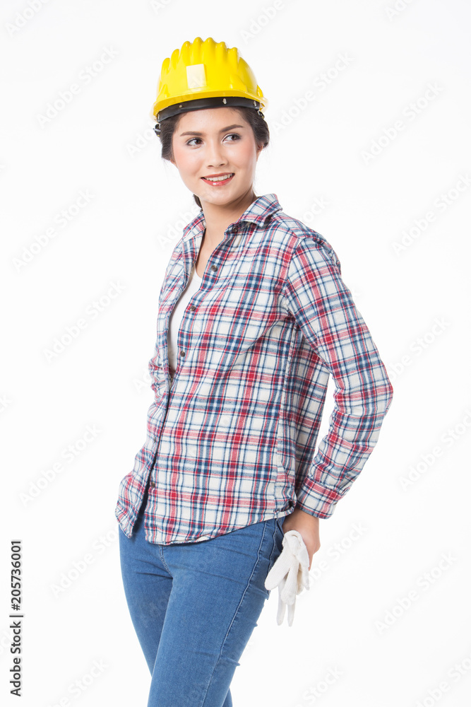 Industrial worker woman . Isolated over white background Industrial worker woman . Isolated over white background