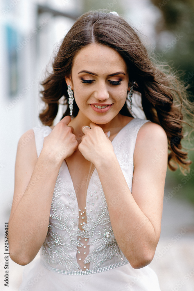 Portrait of a beautiful bride with a bouquet in her hands on a wedding day against a white wall. Portrait of a beautiful bride with a bouquet in her hands on a wedding day against a white wall.