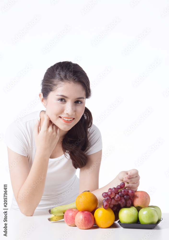 beautiful woman with healthy food, white background isolate beautiful woman with healthy food, white background isolate