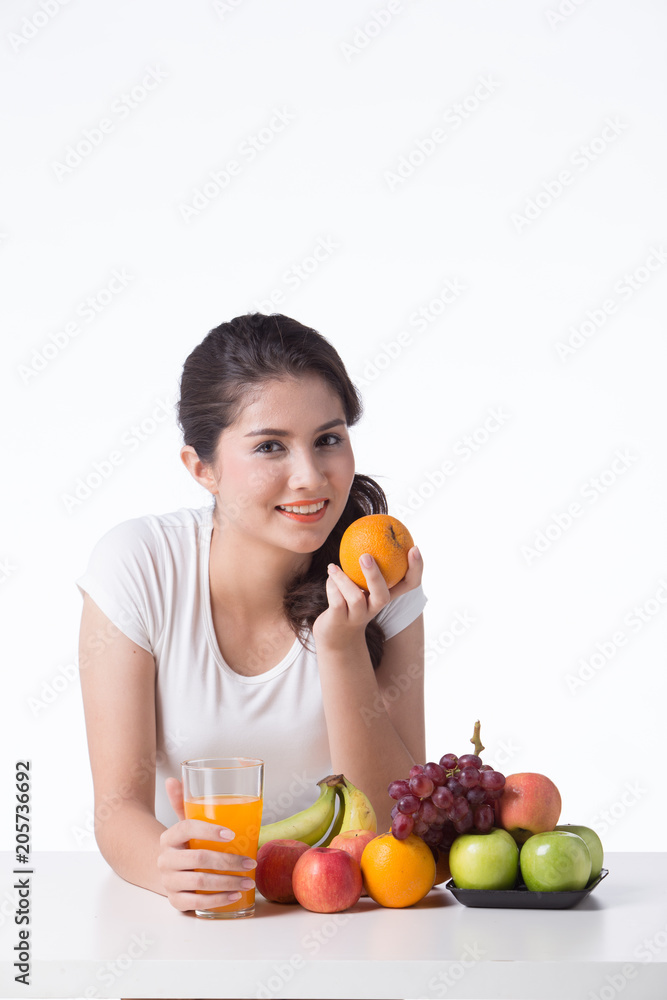 beautiful woman with healthy food, white background isolate beautiful woman with healthy food, white background isolate