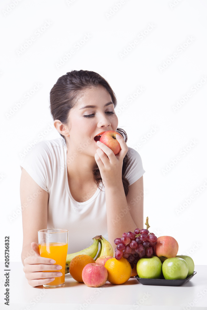 beautiful woman with healthy food, white background isolate beautiful woman with healthy food, white background isolate