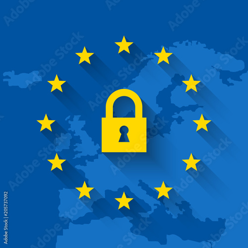 General Data Protection Regulation concept with lock symbol and map of Europe. EU flag with stars and long shadow.