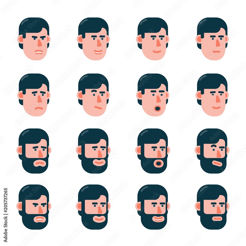 The head of a man with various emotions in slightly turned. Variants with a beard and without. Flat style. The head of a man with various emotions in slightly turned. Variants with a beard and without. Flat style.