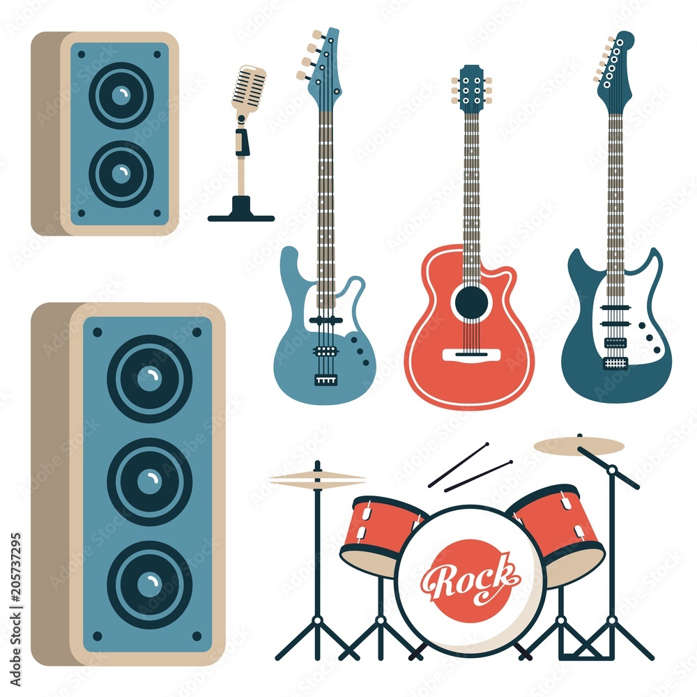 Musical instruments for rock band - acoustic, electric and bass guitars,  drum set, microphone and speakers. Flat style. Stock Vector | Adobe Stock