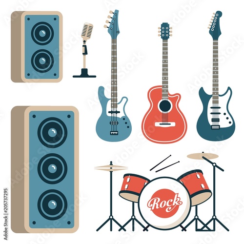 Musical instruments for rock band - acoustic, electric and bass guitars, drum set, microphone and speakers. Flat style.