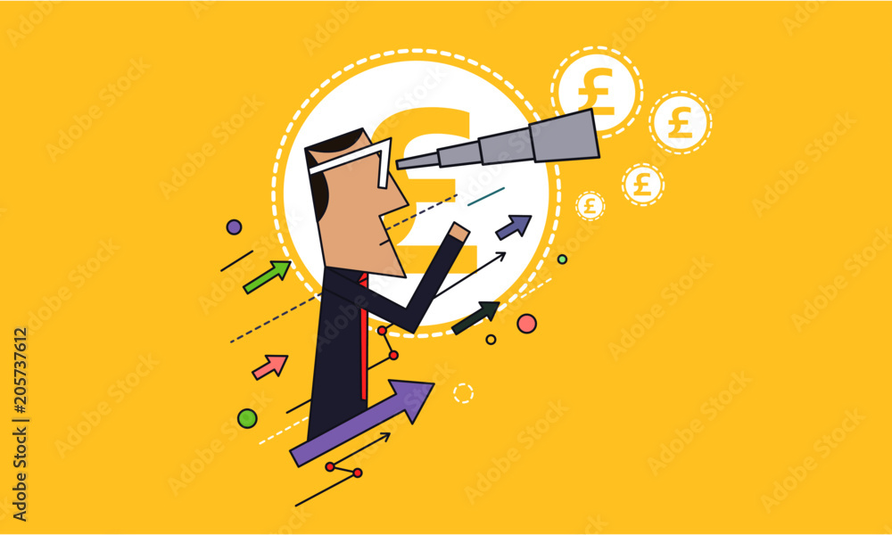 Man Looking Through a Telescope for Money / Funds. Investment Concept. Graphs and Arrows Going up. Business Idea. Vector Illustration.