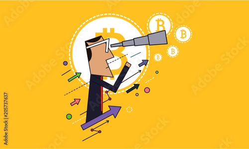 Man Looking Through a Telescope for Money / Funds. Investment Concept. Graphs and Arrows Going up. Business Idea. Vector Illustration.