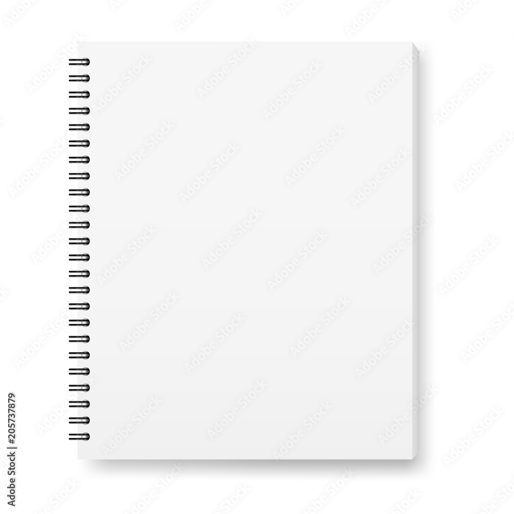 Vector realistic image (layout, mock -up) of a notebook, top view. White sheets of paper, fastened with a black spiral. Isolated on white, 3d. The image was created using a gradient mesh. Vector EPS10 Vector realistic image (layout, mock -up) of a notebook, top view. White sheets of paper, fastened with a black spiral. Isolated on white, 3d. The image was created using a gradient mesh. Vector EPS10