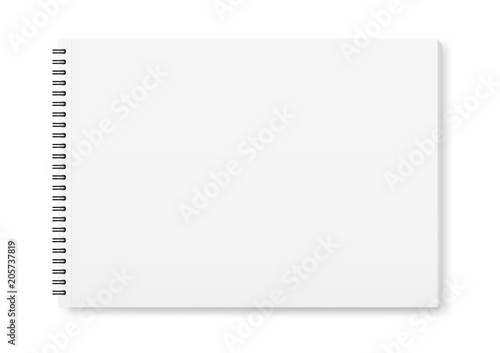 Vector realistic mock-up (layout) of the album for drawing, notebook, top view, A4. White sheets of paper, fastened with a black spiral. Isolated on white. The image was created using a gradient mesh.