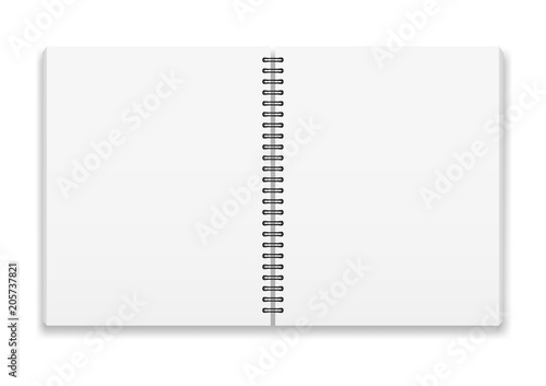 Vector realistic image (mock -up, layout) of an open notebook, top view. White sheets of paper, fastened with a black spiral. Isolated on white, 3d. The image was created using a gradient mesh. EPS10