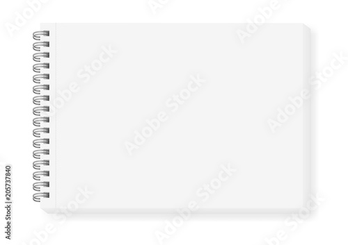 Vector realistic mock-up (layout) of the album for drawing, notebook, top view, A4. White sheets of paper, fastened with a silver spiral. Isolated on white. The image was created using a gradient mesh