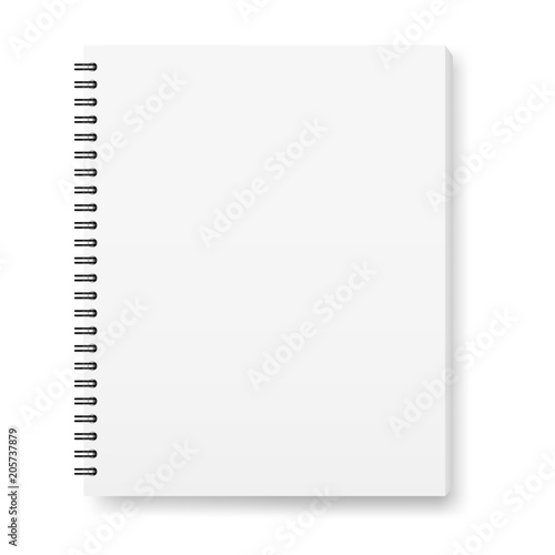 Vector realistic image (layout, mock -up) of a notebook, top view. White sheets of paper, fastened with a black spiral. Isolated on white, 3d. The image was created using a gradient mesh. Vector EPS10