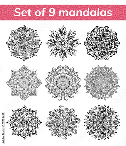 Mandala set. Indian antistress medallion. Abstract islamic flower, arabic henna design, yoga symbol