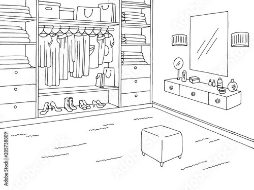 Wardrobe room graphic black white home interior sketch illustration vector