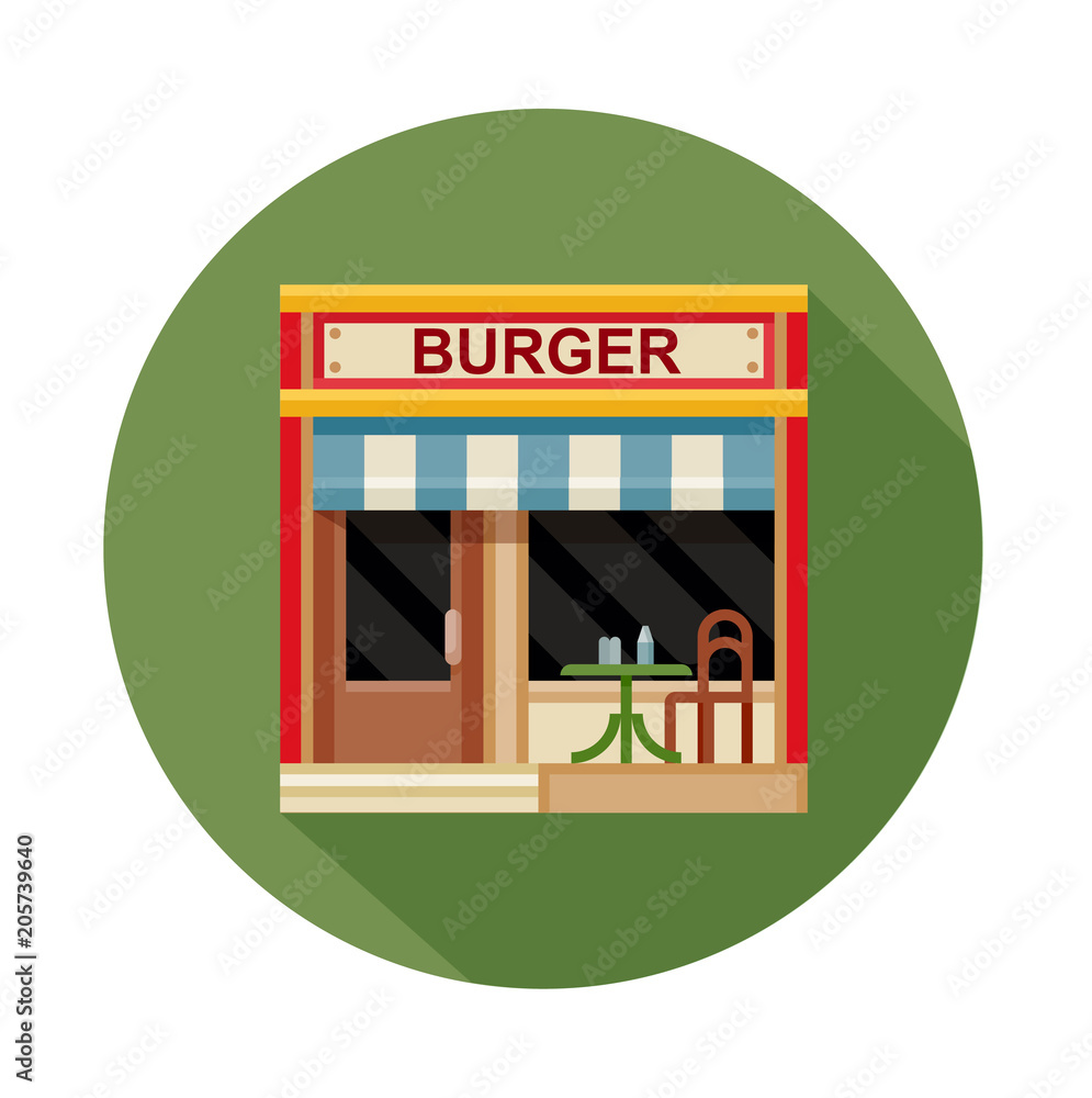 Burger cafe front view flat icon, vector illustration Burger cafe front view flat icon, vector illustration