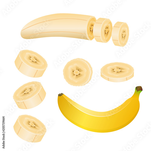 Set of vector illustrations of yellow banana and banana pieces.