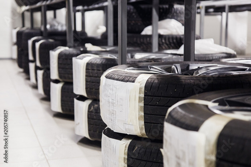  Car tires are stored on shelves