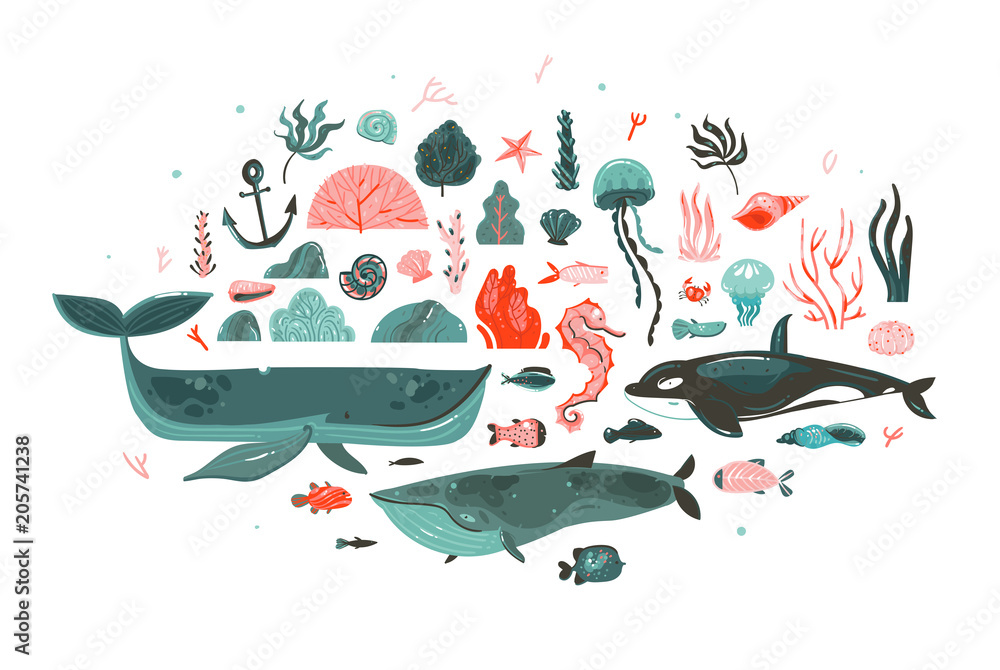 Naklejka premium Ręcznie rysowane wektor streszczenie kreskówki graficzny podwodny świat kolekcja dużych ilustracji zestaw z rafami koralowymi, piękności orka, wieloryb, meduza, ryby, wodorosty, korale na białym tle