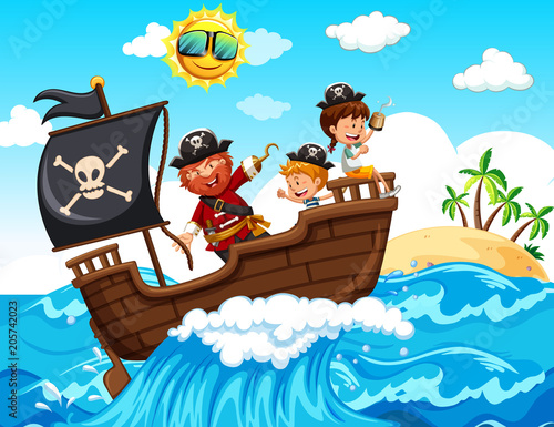 A Pirate and Happy Kids on Boat
