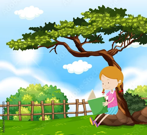 Obraz Dziewczyna czyta książkę pod drzewem