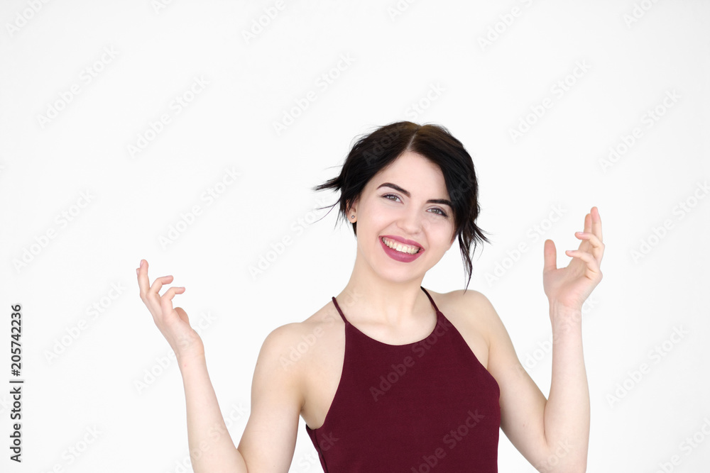 emotion face. happy smiling joyful delighted woman young beautiful brunette girl portrait on white background. emotion face. happy smiling joyful delighted woman young beautiful brunette girl portrait on white background.