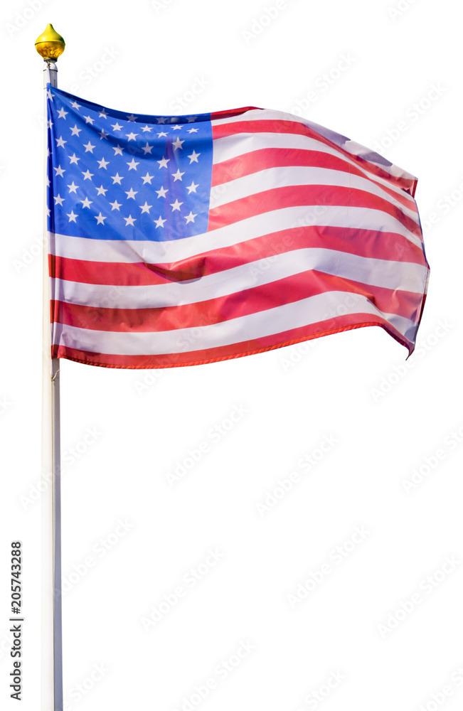 Obraz premium Flag of the United States of America, flutters in the wind, on a white flagstaff with gilded tip (isolated)