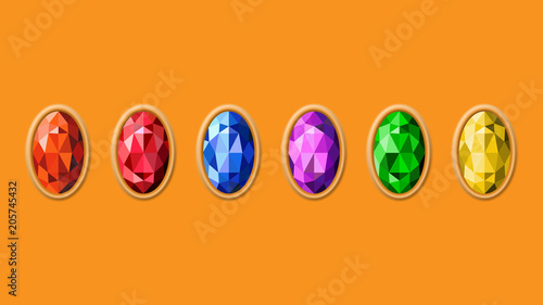 Colorful gemstones on gold background, different colors, amber, ruby, blue sapphire, amethyst, emerald and yellow sapphire, vector illustration