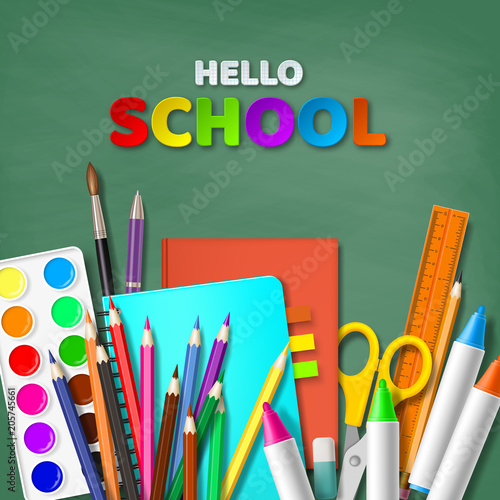 Hello school typography design with realistic school supplies. Paper cut style letters on squared paper background. Vector illustration.