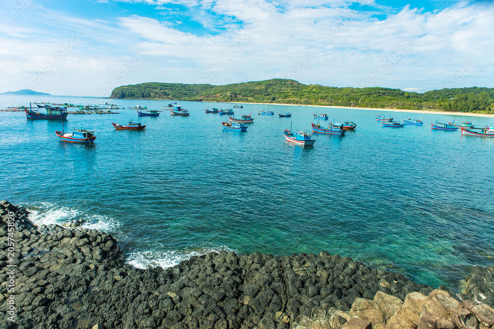 Ganh Da Dia, Phu Yen, Viet Nam, masterpiece of nature, wonderful, fantastic heritage, abstract place for Vietnam travel, rock make great terrain, boat on sea make beauty landscape of ganhdadia