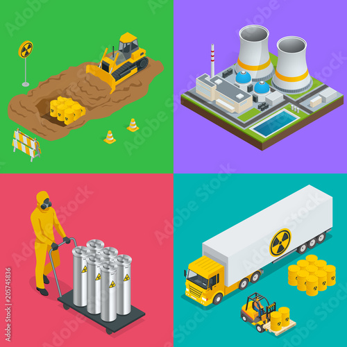 Isometric Radioactive waste elements. Vector hazard and radiation vector illustrations.