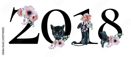 Year 2018 floral romantic  number design with peonies flowers bouquets and black panthers. watercolor new year sign photo