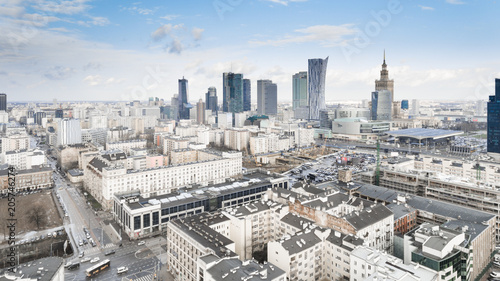 WARSAW, POLAND - JANUARY 5, 2018. Aerial drone view from above of city center skyline