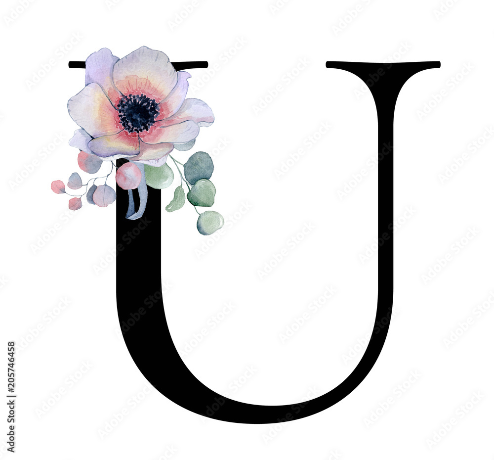 Floral Watercolor Alphabet. Monogram Initial Letter U Design With