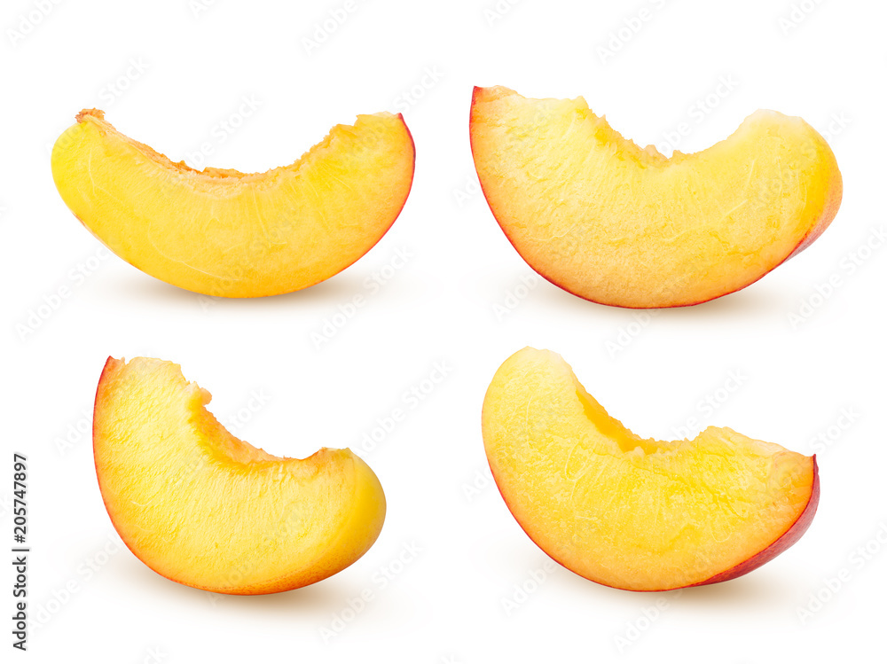 Nectarine or peach, slice, isolated on white background, clipping path, full depth of field