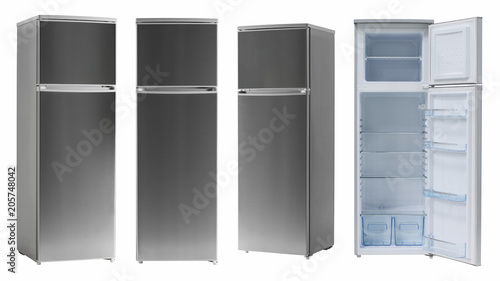 modern household refrigerator color dark metallic, four angles, isolated.