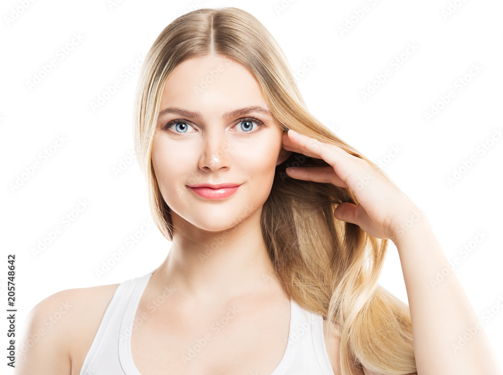 Face Beauty Hair and Skin Care, Fashion Model Blonde Hair and Natural Makeup, Woman Isolated over White Background Face Beauty Hair and Skin Care, Fashion Model Blonde Hair and Natural Makeup, Woman Isolated over White Background