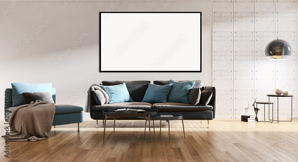 Plakat Modern bright interiors apartment with mockup poster frame 3D rendering illustration