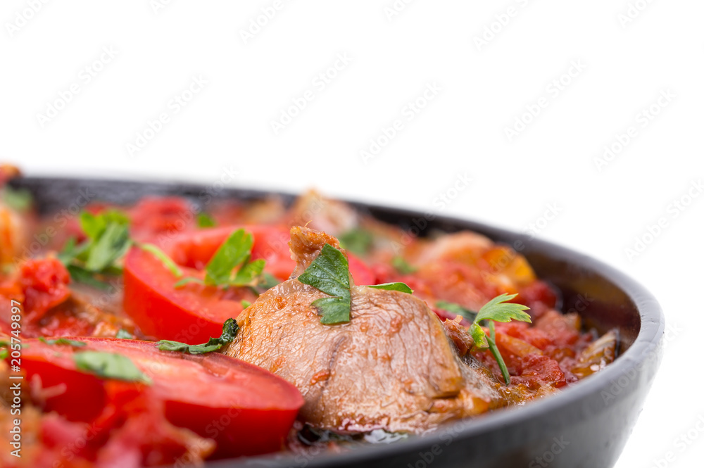 Stewed beef loin with tomatoes and onions. Stewed beef loin with tomatoes and onions.