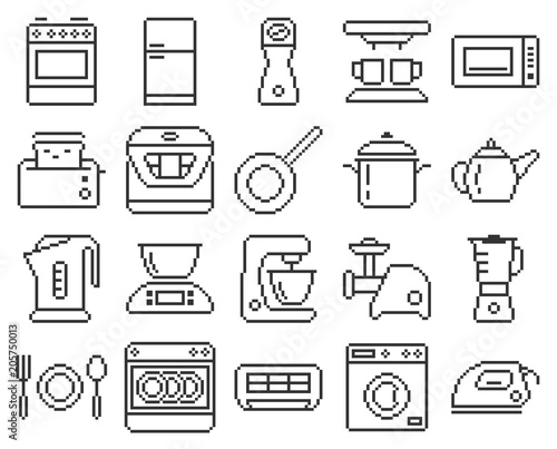 Line pixel  icons set of some kitchen utensils and home appliances