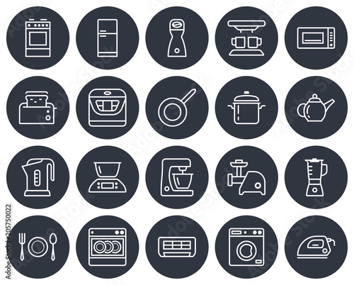 Round icons set of some kitchen utensils and home appliances. Line style