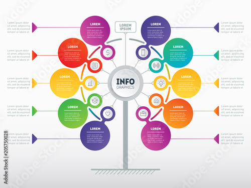 Business presentation concept with 10 options. Web Template of service tree, info chart or diagram. Vector infographic of technology or education process with 10 steps.